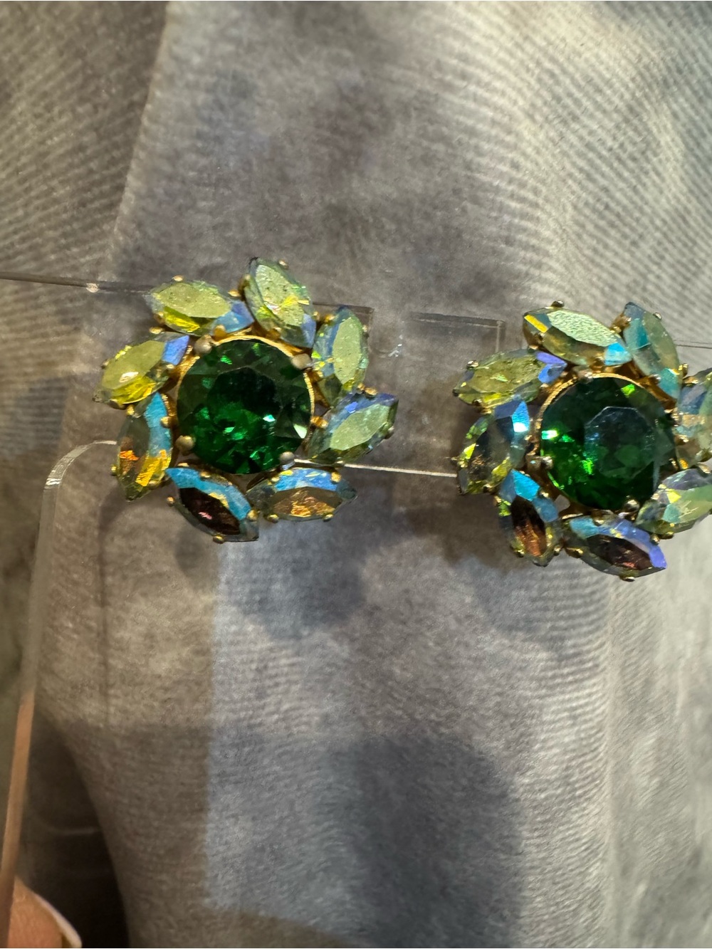 Vintage Trifari Crown Green Crystal Cluster Clip-On Earrings -